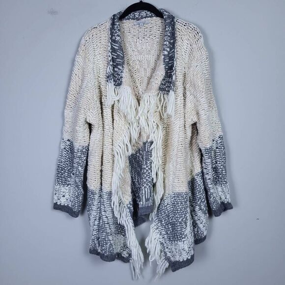 John Mark Womens Wool Open Knit Cardigan Sweater Size XL Cream Grey Cozy Fringe - Picture 1 of 7